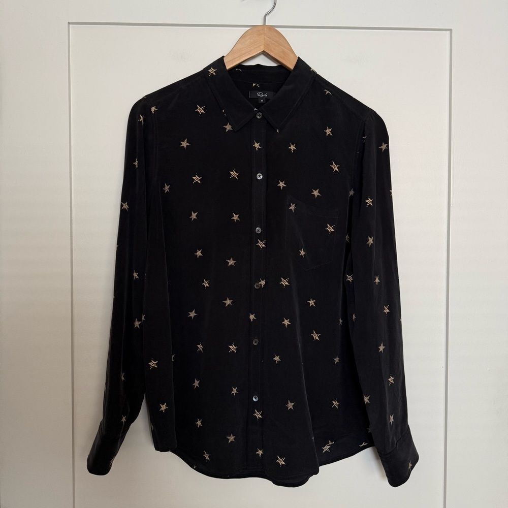 Rails Kate Noir Animal Stars Blouse Womens M Black 100% Silk Collared Button Up